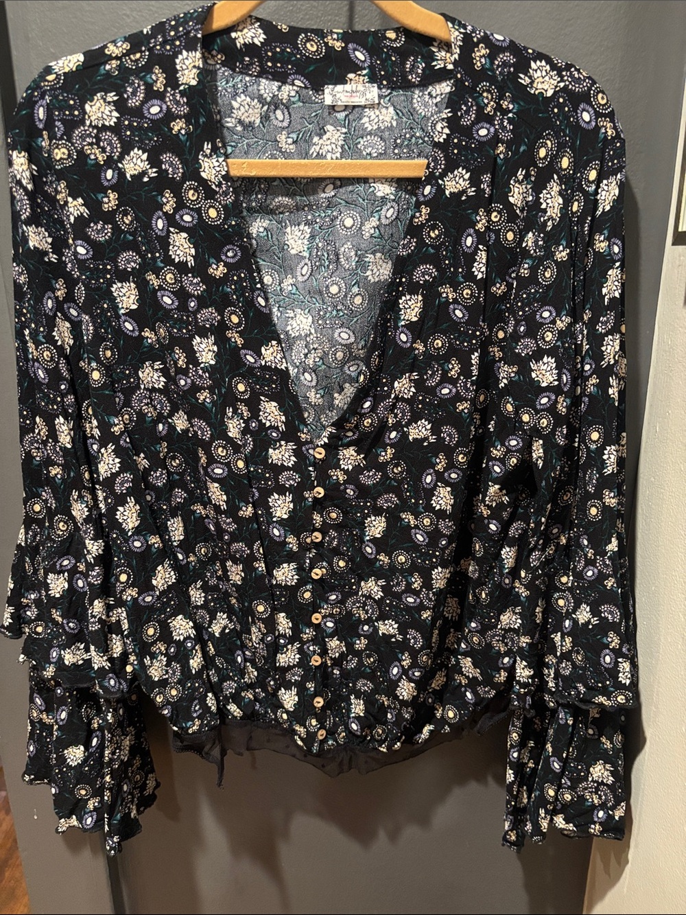 Free People Black Floral Button-Front Blouse with Cream & Lavender Accents